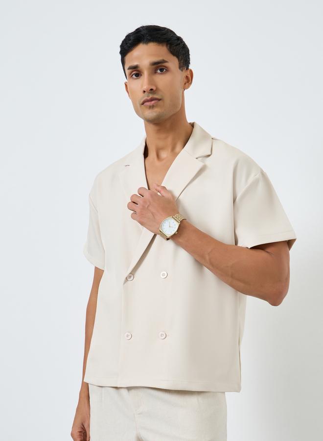 Styli Men Beige Notch Collar Double Breasted Oversized Shirt - Image 1